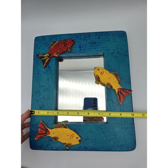 Vintage Hand Carved Painted Wood Mirror Folk Art Fish Rustic Turquoise 10"X12" - Picture 8 of 9